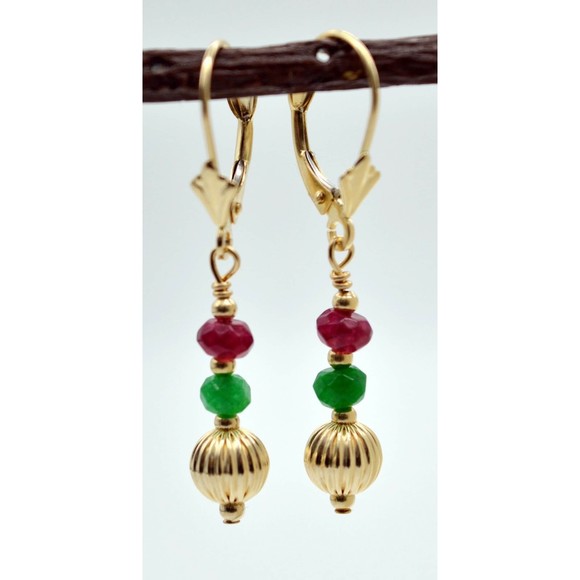 14K Solid Gold Corrugated Ball Beaded Ruby & Green Emerald Drop Earrings